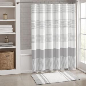 Awellife Boho Gray Shower Curtain for Bathroom Stripe Tassel Shower Curtain 72 X 72 Inches Farmhouse Cotton Grey