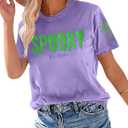 Halloween Shirts Women: Embroidered Spooky Season T Shirt Retro Spooky Graphic Short Sleeve Tops (Purple, M)