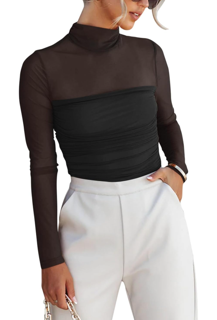 REORIA Women’s Trendy Sexy Mock Turtle Neck Long Sleeve Sheer Mesh Ruched Going Out Bodysuits Tops M