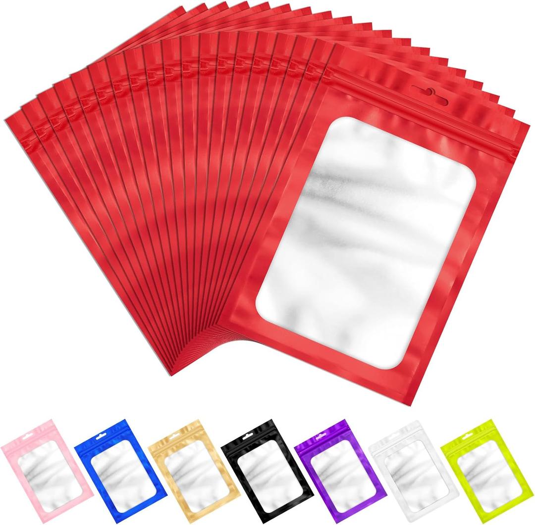100 Pcs Resealable Mylar Bags with Frosted Clear Window Packaging Bags Foil Pouch Zipper Bag for Food Self Sealing Storage Supplies (5.51x7.87 inches, Red)