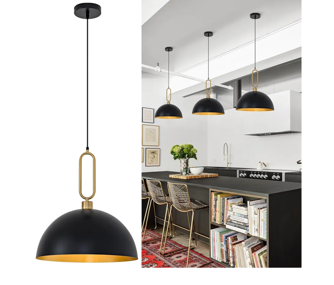15.75in Dome Pendant Lights, Black Gold Metal Light for Dining Room, Modern Large Hanging Chandelier Lighting Fixtures for Kitchen Island Entryway Over Sink/Table Restaurant