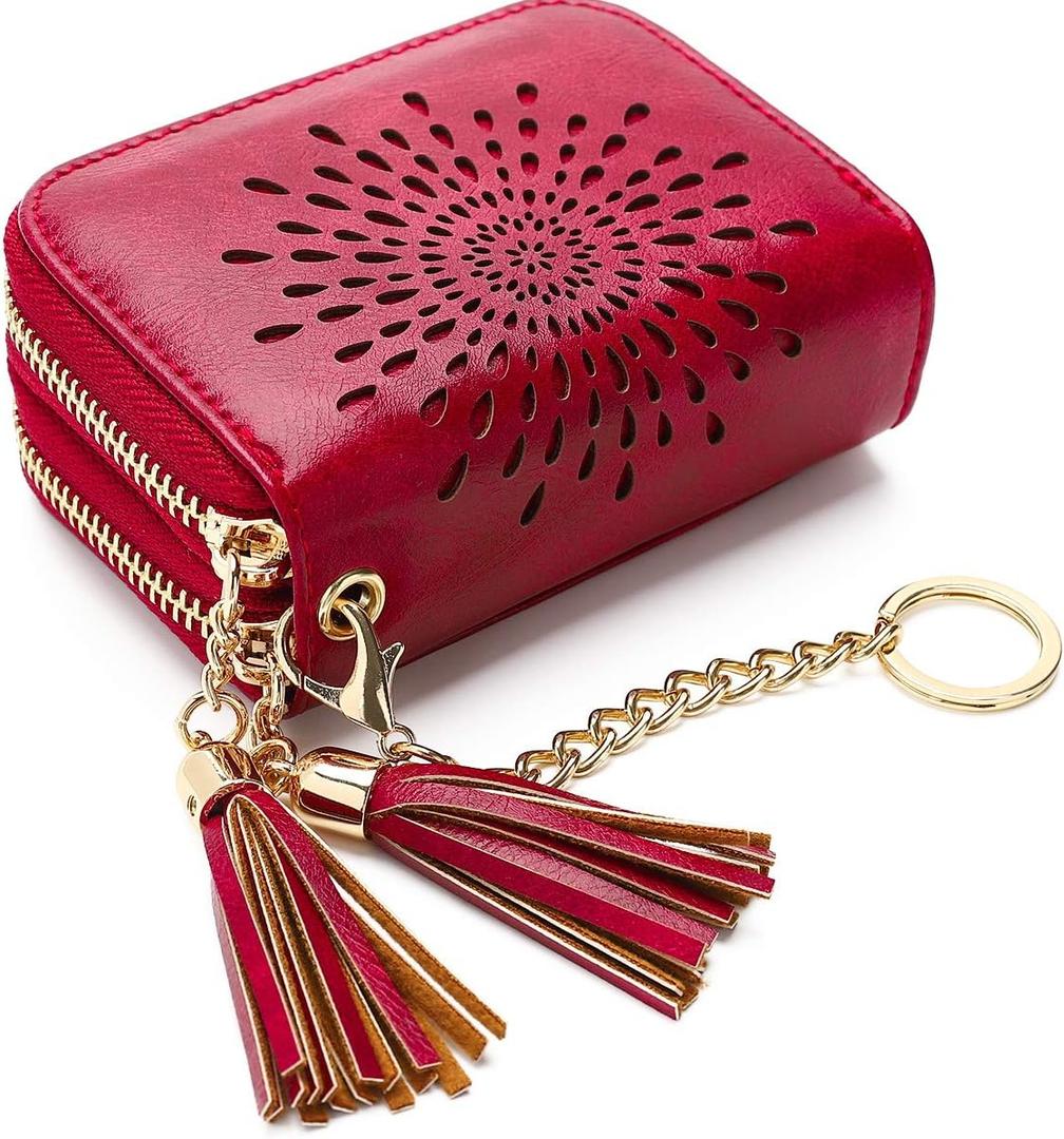 APHISON RFID Credit Card Holder Zipper Card Case Keychain Small Wallet for Women 1942-2 RED