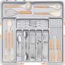 Silverware Drawer Organizer for Kitchen, Adjustable Utensil Drawer Organizer with 2 Knife Block, BPA Free Flatware and Cutlery Holder, Expandable Plastic Storage for Spoons Forks Knives(Grey)