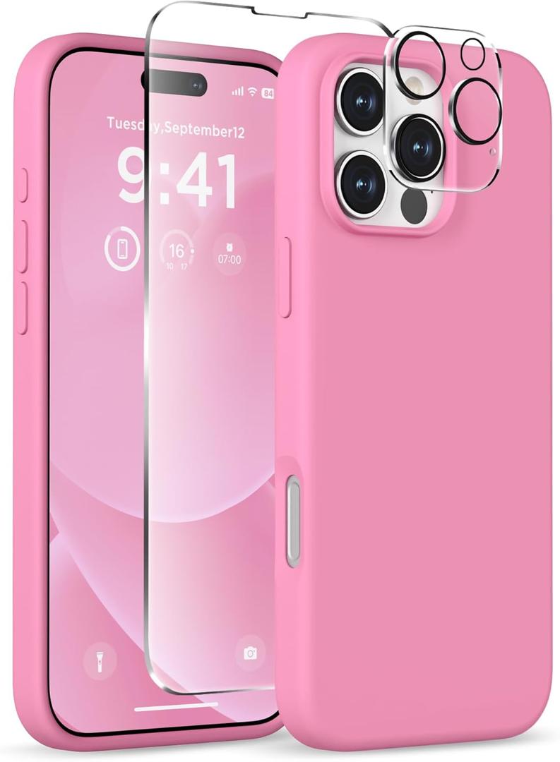 Magnetic for iPhone 16 Pro Case, Compatible with MagSafe, Liquid Silicone Phone Cover with Screen Protector & Camera Protector, Soft Anti-Scratch Microfiber Lining Inside 6.3", Tender Pink
