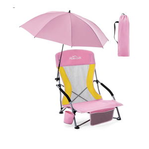 Homcosan Portable Low Folding Beach Chair with Detachable Umbrella - Lightweight Camping Chair for Adults with Cup Holder & Storage Pocket, Carry Bag Included (Pink & Yellow)