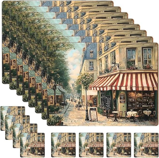 8 Sets Cork Placemats with Coasters Include Retro Cork Backing Table Mats and Round Coasters Placemats Set for Kitchen Dinner Table Setting Supplies, 12 x 16 Inch (Retro)