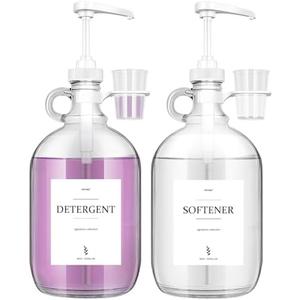 2 Pcs Glass Liquid Laundry Detergent Dispenser with Cup Holders, Half Gallon Dispenser for Laundry Room (64 oz. Each), Laundry Detergent Bottles with Pump Dispenser -Includes Labels, Measuring Cups