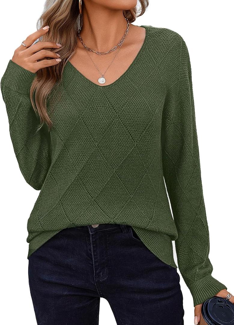 Zeagoo Womens Sweaters Fall 2026 Long Sleeve Knit Pullover V Neck Lightweight Crochet Sweater Tops Dressy Casual (X-Large, Green)