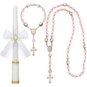WILLBOND 3 Pcs First Communion Rosary and Candle Set Confirmation Candle Gifts Set Baptism Catholic Bracelets Cross Necklace Holy Communion Accessories for Christening Gift Keepsake(Pink Rosary)