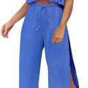 FANCYINN Womens 2 Pieces Outfits Deep V Neck Crop Top Side Slit Drawstring Wide Leg Pants Set Jumpsuits (Medium, Dark Blue)
