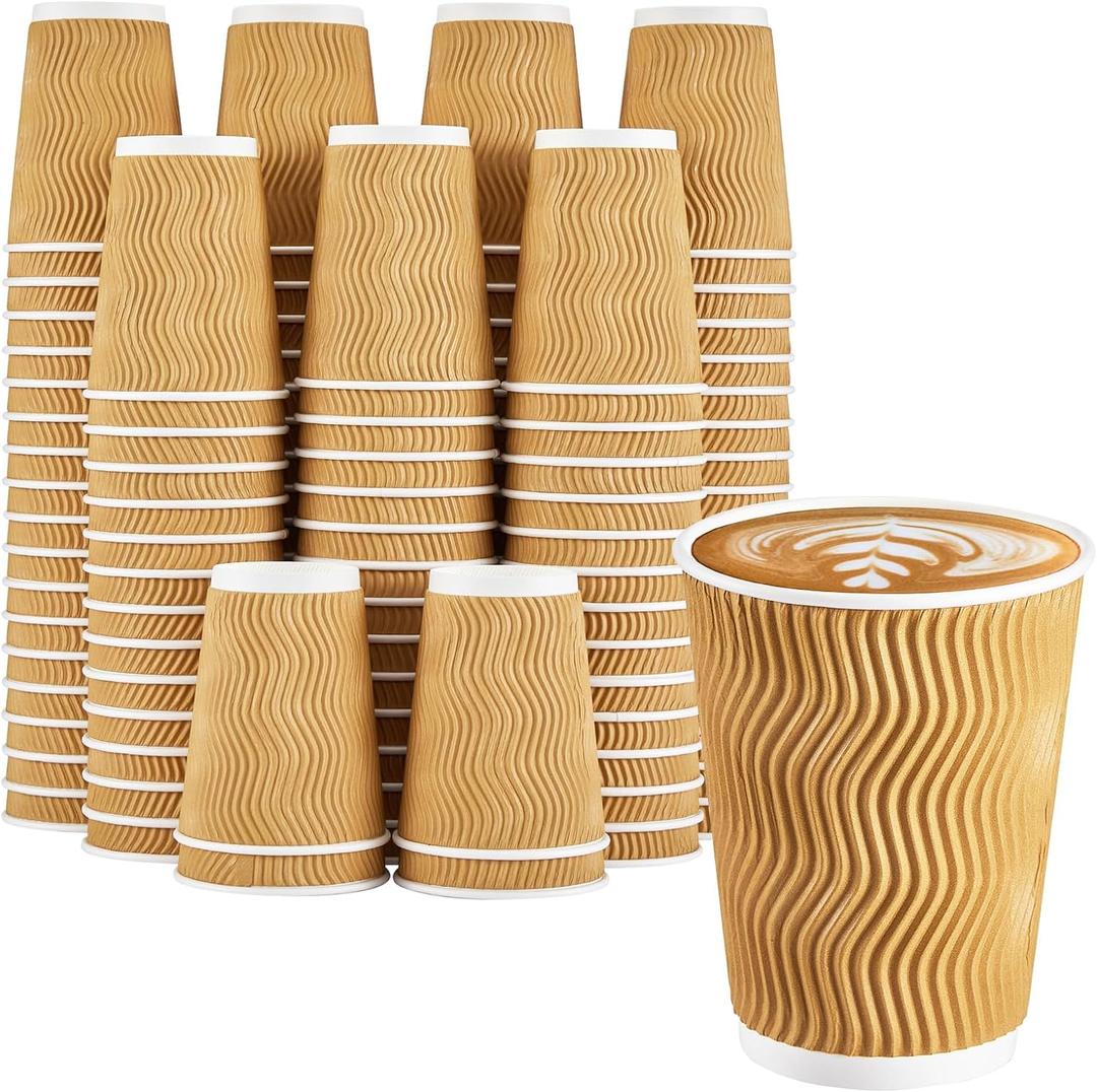 Clawsoff 120 Pack 12 oz Coffee Cups, Disposable Corrugated Insulated Ripple Wall Paper Coffee Cups 12oz for Hot or Cold Drinks Office Home Cafe Party Travel (Champagne)