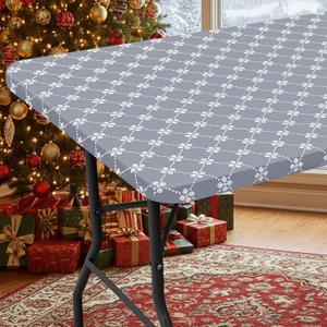 misaya Rectangle Vinyl Table Cloth, Elastic Fitted Tablecloth with Flannel Backing, Waterproof Plastic Table Cover Fits 6 Foot Folding Tables for Camping, Indoor and Outdoor (Grey, 30" x 72")