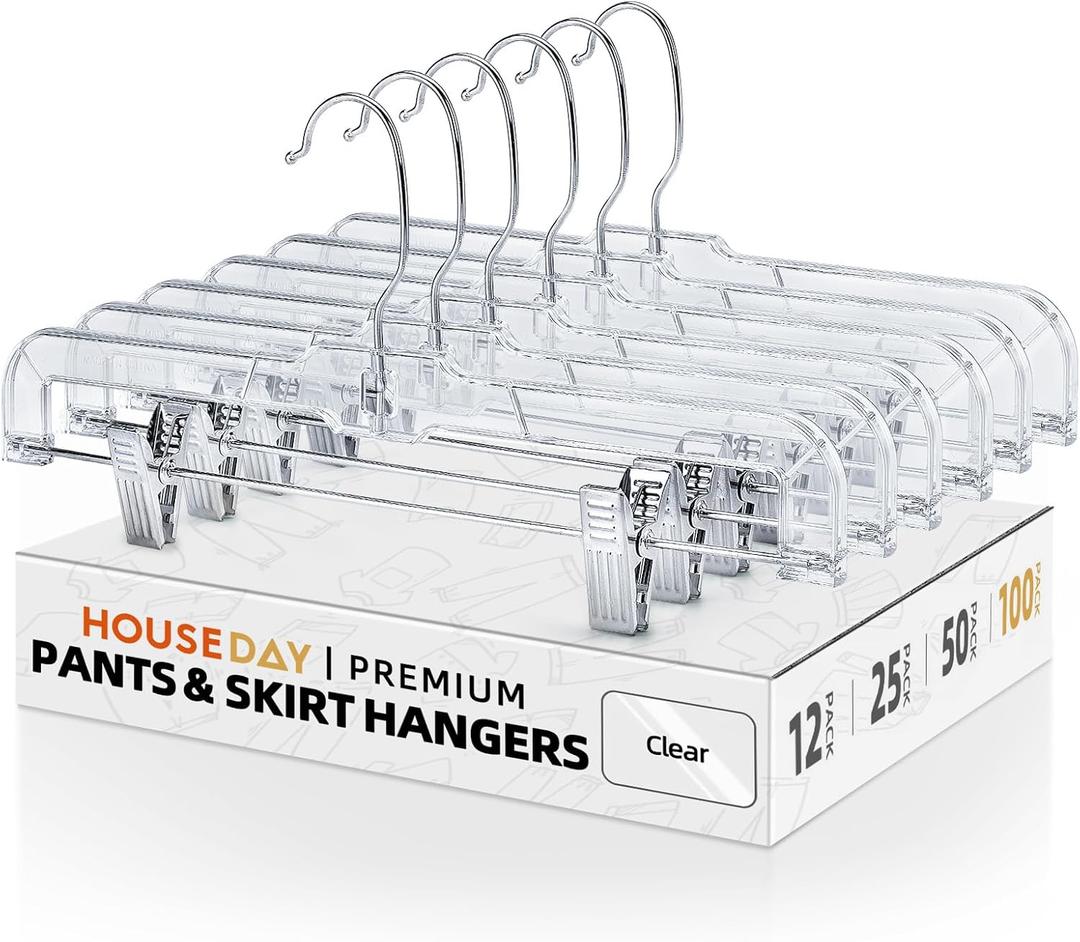 HOUSE DAY 100 Pack Skirt Hangers with Clips, Clear Plastic Pants Hangers with 2-Adjustable ClipsNon-Slip Clip Hanger for Pant, Skirts, Shorts, Bulk Retail Hanger, 100pc