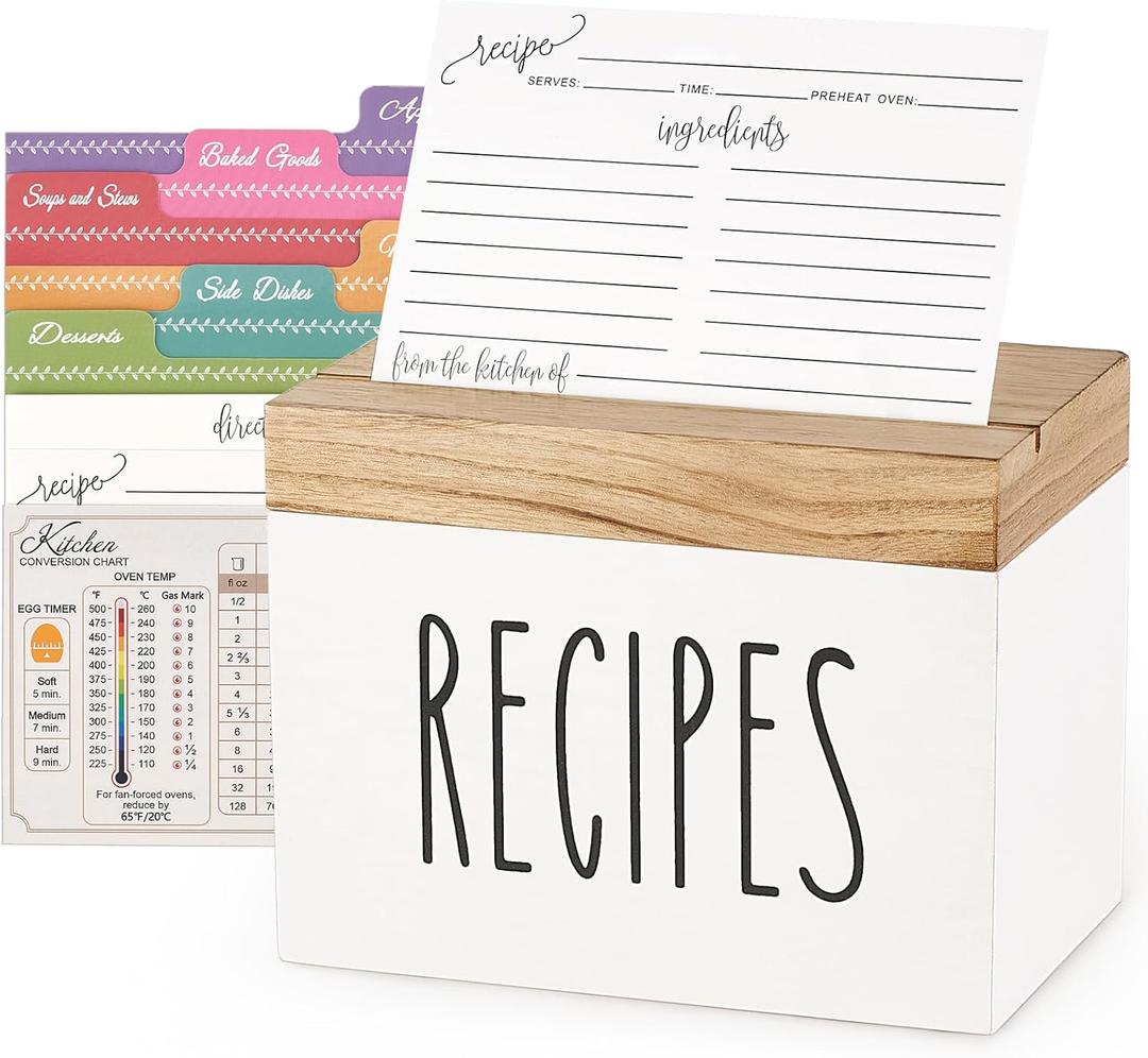 Dahey Wooden Recipe Box White Recipe Organizer with 100 Recipe Cards and 6 Dividers, Recipe Card Holder Box Set with Lid and Slots to Write in Your Own Recipes for Cooking Lover Kitchen, 6.9''x4.3''