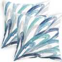 CaliTime Throw Pillow Cases Pack of 2 Cozy Fleece Two-Tone Abstract Feather Decorative Cushion Covers for Couch Bed Sofa Farmhouse Decoration 18 X 18 Inches Teal Green Navy Somke Blue Grey