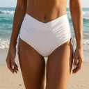 Leoparts Womens V Cut Bikini Bottoms Ruched Tummy Control Bathing Suit Bottom High Cut Drawstring Swimsuit Brief (White, L)