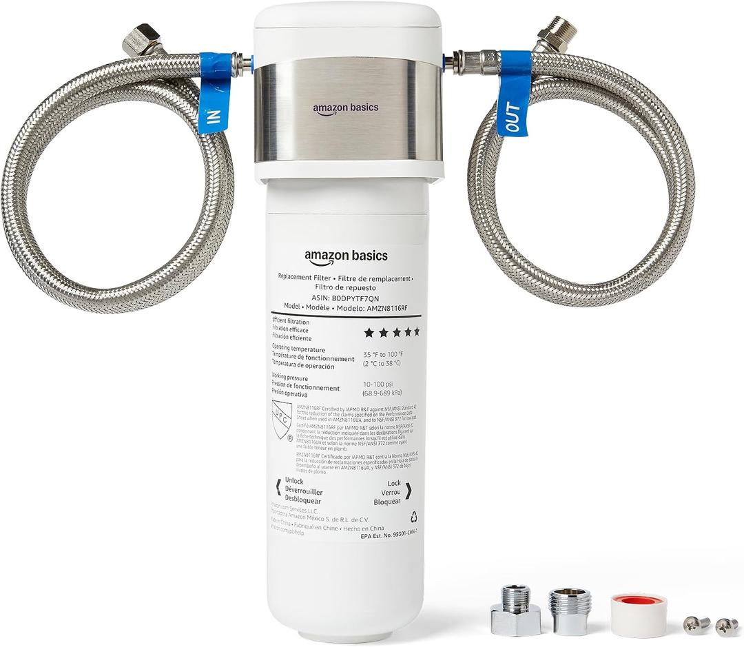 Amazon Basics Under Sink Water Filter System, NSF/ANSI 42 & 372 Certified, Easy Twist-and-Lock Design, 11,000 Gallons, 1 Year Service Life, White