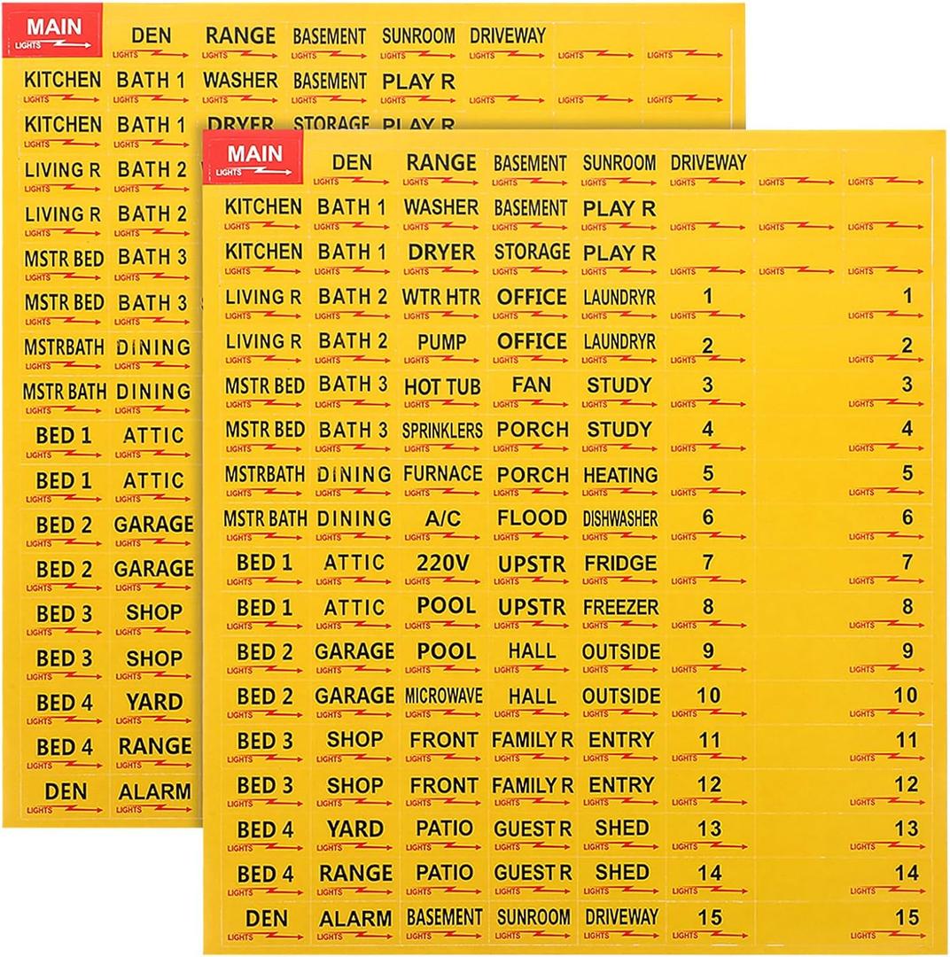 2 Sheets/258Pcs Circuit Breaker Labels, Self-Adhesive Electrical Panel Labels Waterproof Breaker Panel Stickers for Home Office Apartments and Electricians (Yellow)