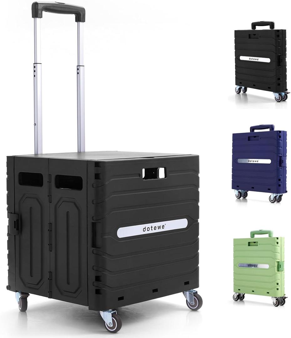 Folding Utility Cart Black Portable Rolling Crate Handcart Foldable Shopping Trolley Collapsible, with Lid, on Wheels, for Grocery, Garden, Office, Storage, Teacher, Tool (Black)
