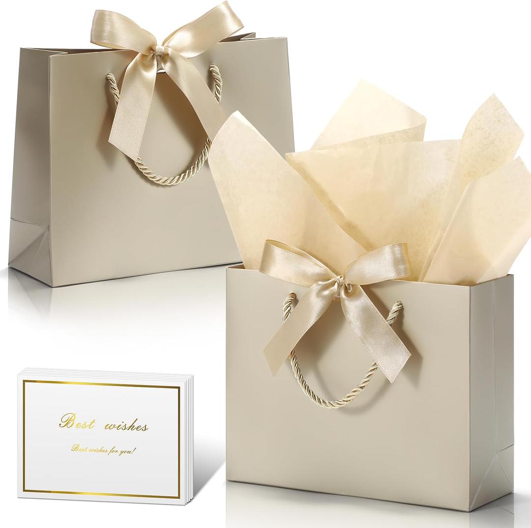 DOYIDE 30 Pack Gift Bags Medium Size with Ribbon and Greeting Cards Tissue Paper, 9"x7"x3.1" Portable Paper Gift Bag with Handles, Thank You Bags for Wedding Birthday Party Mothers Day Bridal Shower (Champagne)