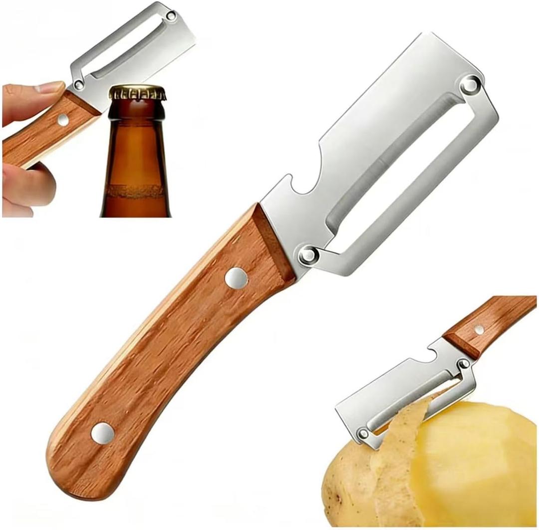 4 x Multifunctional Vegetable Peeler, 2-in-1 Peelers For Kitchen with Bottle Opener, Sharp Stainless Steel Swivel Blade, Wooden Handle, For Vegetables or Fruits that Need to Be Peeled (4)1PCS