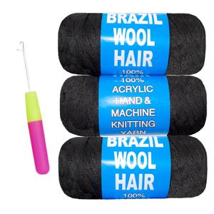 3 Roll Natural Black Brazilian Wool Hair Yarn for Jumbo Braids Braiding Hair for Soft Faux Locs Goddess Locs Hair Extension Senegalese Twist Crochet Hair for Black Women (1B,3Roll)