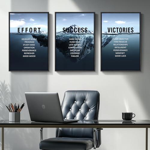 Framed Motivational Wall Art for Office Decor, Set of 3 Inspirational Modern Iceberg Canvas Wall Art Prints, Navy Blue Effort Success Victory Quotes for Home Office Gym Wall Decor, 16x24