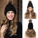 REECHO Warm Knitted Beanie Hat with 12" Beach Wavy Synthetic Hairpiece - Black Beanie, Light Brown with Highlights Hair