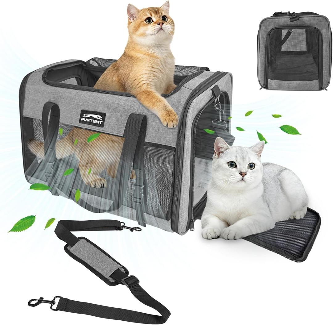 Soft-Sided Large Cat Carrier for 2 Cats, Spacious Foldable Pet Travel Carrier for Large Cats up to 25 Lbs, Double Cat Bag with Shoulder Strap, 20x13x13 Inch, Fits Maine Coon and Small Dogs, Grey