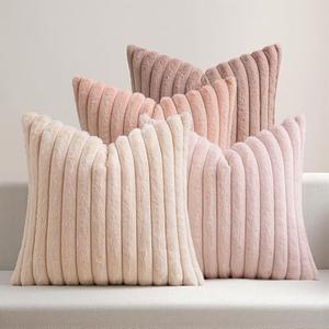 MIULEE Faux Fur Plush Decorative Throw Pillow Covers 18x18 Set of 2, Valentine's Day Cute Modern Soft Romantic Fuzzy Striped Cushion Covers Girl for Sofa Couch Bed Living Room Cozy Home Decor,Pink