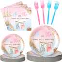 Sunnyray 96 Pcs/24 Sets Boho Gender Reveal Plates Napkins Decorations Gender Reveal Baby Shower Party Supplies Baby Shower Paper Tableware Set Dessert Plates Napkins Forks