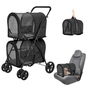 Double Pet Stroller for Dogs and Cats with 2 Detachable Carrier, Quick-Folding Dog Stroller for Medium Dogs Cats, 4 Wheels, Black