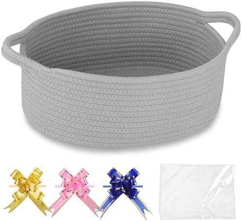 COMSE Small Woven Basket with Gift Bags and Ribbons, Gift Basket Empty, Cotton Rope Storage Organizer, Baby Toy Box with Handles, 12" x 8" x 5", Cool Gray
