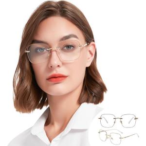 2 Packs Rimless Blue Light Blocking Reading Glasses for Women, Sparkling Metal Computer Readers