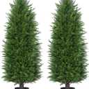 4FT Artificial Topiary Cedar Plants Outdoor, Faux Pine Trees UV Resistant and Potted, 48 Inch Tall Fake Shrubs Evergreen for Front Porch Decor Set of 2