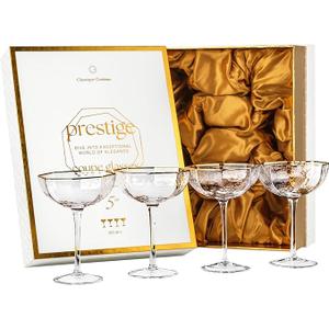 Small 5 oz Octagonal Prestige Coupe Glasses with Gold Rims for Cocktails and Champagne | Set of 4 | Crystal Angled Long Stemmed Glassware for Espresso Martini, Daiquiri, Gimlet, Cosmopolitan