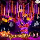 2Pack Halloween Lights Outdoor, Meteor Shower Lights 16 Tubes 384 LEDs Indoor Outdoor, Waterproof Falling Rain String Lights with Timer for Halloween Decorations Tree Roof Garden Party Patio (Purple)