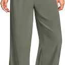 DLOODA Wide Leg Linen Pants for Women, Loose Flowy Palazzo Pants with Pockets Drawstring Trousers Summer Beach Vacation (Green, M)