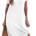 Dyexces Women Summer T Shirt Dress Casual Short Sleeve V Neck Maxi Dresses Loose Side Slit Long Tshirt Dress with Pockets (White, M)