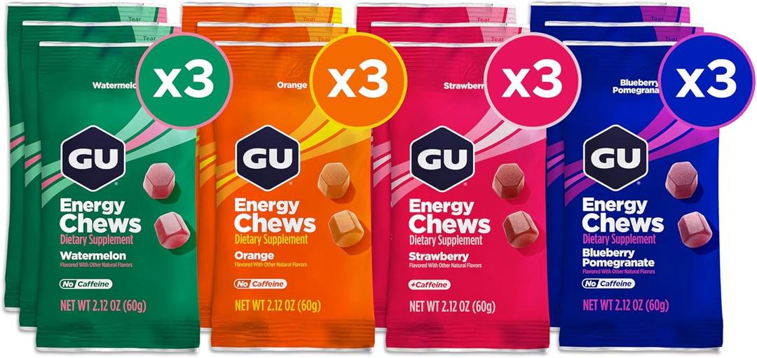 GU Energy Chews, Variety Pack Energy Gummies with Electrolytes, Dairy-Free, On-The-Go Energy for Any Workout, 12 Bags (24 Servings Total) (EXP 05/01/26)