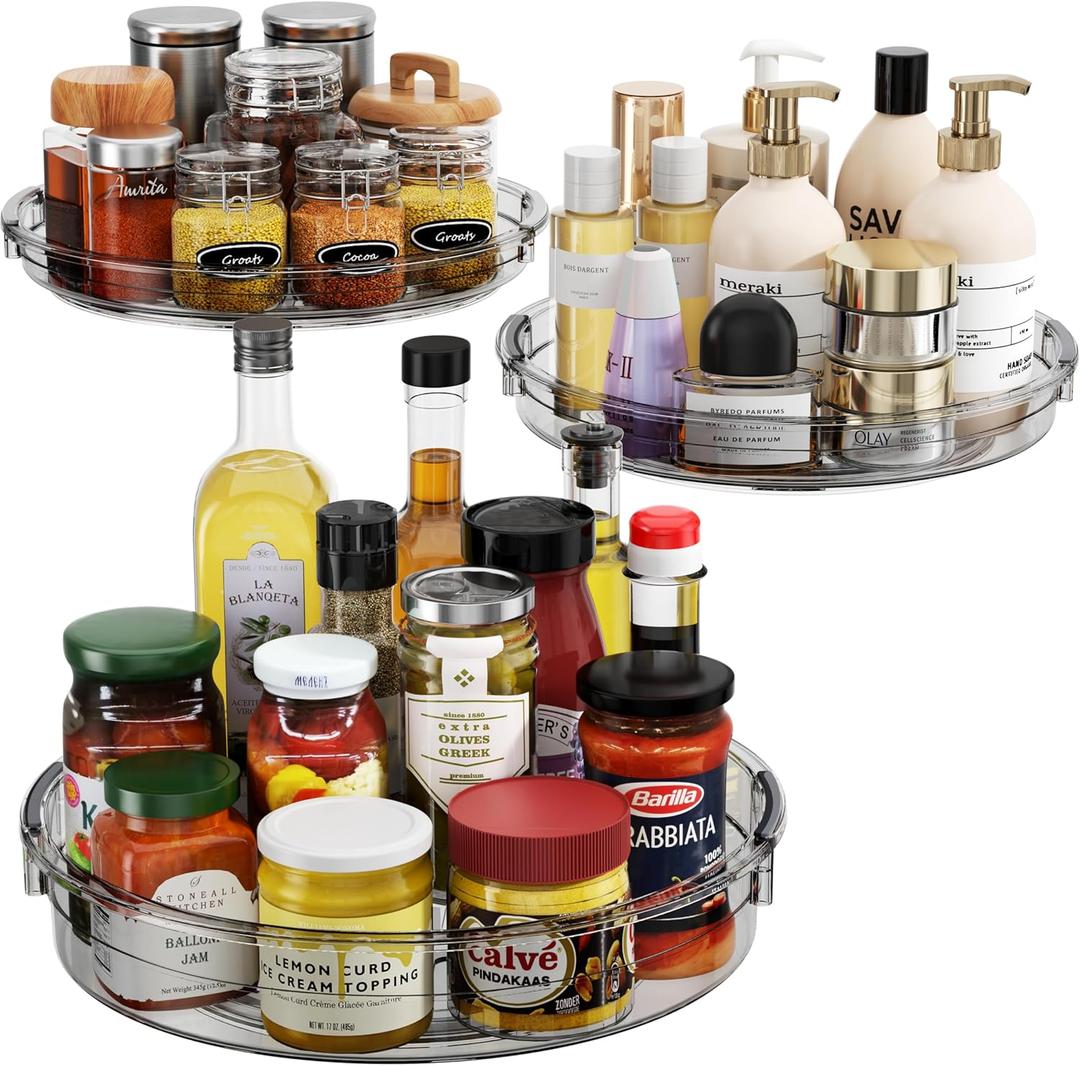 LAMU 3 Pack Lazy Susan Organizer Turntable for Cabinet, Condiment Organizer for Kitchen Pantry Organizers and Storage, Table Top, Fridge, Countertop, Spice Organization, 12'' 10.6'' 9.25'', Grey (Gray)