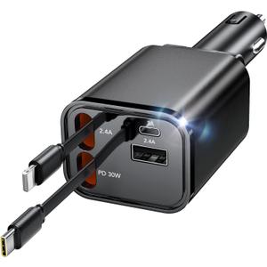 Retractable Car Charger, 4 in 1 Fast Car Charging 60W, Compatible for iPhone 16 Car Travel Essentials Charger, Women Men for Gifts USB C Car Honda Civic Accessories Adapter Compatible for iPhone 16 15