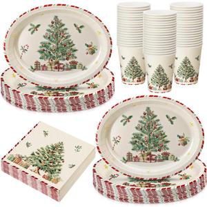 Vesici 150 Pcs Christmas Tableware Set Party Supplies Christmas Oval Paper Plates Cups and Napkins 10" x 12" Large Heavy Duty Disposable Plates for Holiday Party Decoration Dinnerware Set, Serves 50
