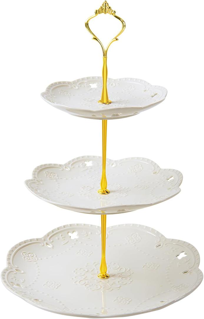 BPFY 3 Tier Ceramic Cupcake Stand, White Tiered Tray for Cupcakes, 3 Tier Serving Stand for Tea Party, Birthday, Baby Shower, Wedding
