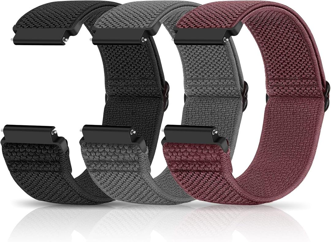 Compatible with 20mm Watch Bands Quick Release Replacement Wristband,Adjustable Stretchy Nylon Solo Loop Straps Fabric Braided Sport Elastic Bands for Men Women (Black+Grey+Wine Red)