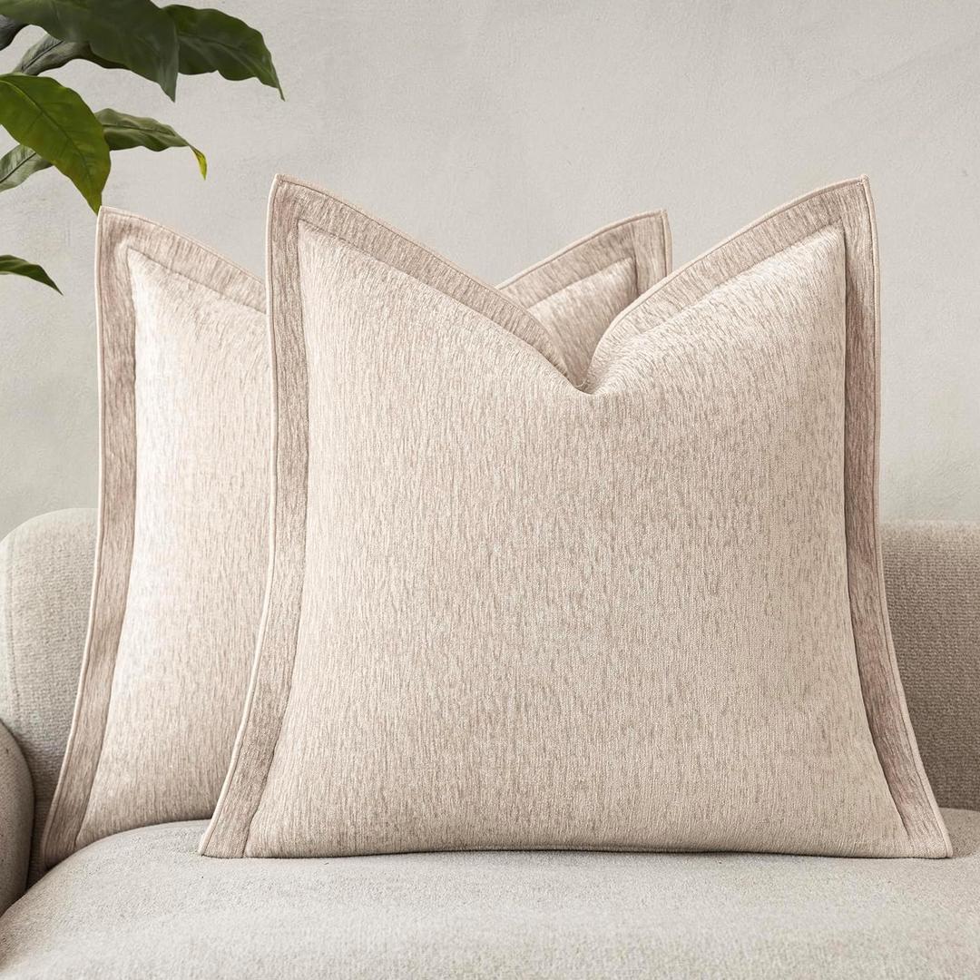 Decorative Chenille Luxury Throw Pillow Covers with Wide Edge, Textured Solid Pillowcases, Soft Velvet Cushion Cover Home Dcor for Couch Sofa Chair Bed,2020 Inch, Set of 2, Light Beige