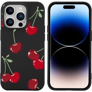 JOYLAND Fresh Cherry Pattern Phone Case for iPhone 16 Pro,Kawaii Fruit Printed Black Liquid Silicone Case Soft Shockproof Protection Shell with Soft Microfiber Lining for Girls Women