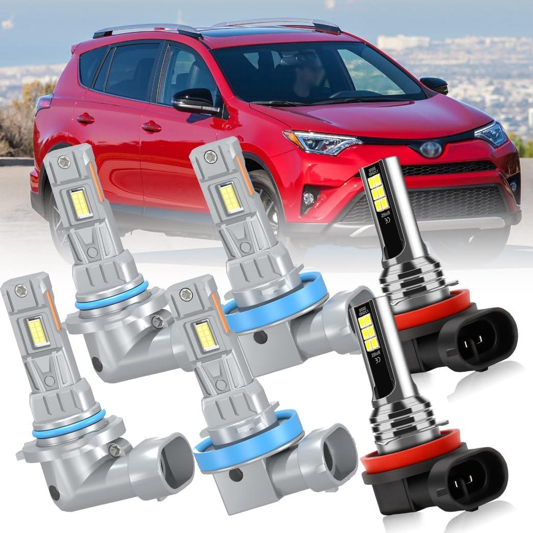 LED Headlight and Fog Light Bulb Kit for Toyota RAV4 2013-2015, 9005 High Beam H11 Low Beam and H11 Fpg Lights 6500K White, 600% Brighter, Plug and Play, 6-Pack