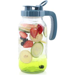 Mason Jar Pitcher 2 Quart With Pour Spout Lids 64 OZ Wide Mouth Water Pitcher Airtight And Leakproof Glass Carafe With Handle And Flip Cap For Milk, Iced Tea, Cold Brew Coffee, Juice, Infused Water