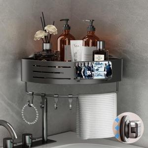 Voldra Corner Shower Caddy Suction Cup, 1 Pack Corner Shower Shelves No Drilling, Aluminum Upgrade Suction Cup Shower Organizer Corner with Towel Bar & Hooks Removable Bathroom Storage Rack(Gray)